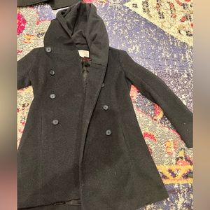 Charcoal gray Wool wrap coat with hood. Missing tie. Excellent condition!